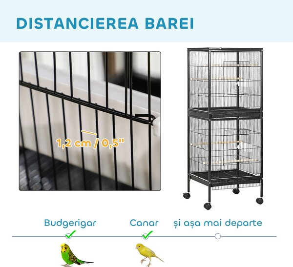 PawHut Colivie pentru Păsări cu 4 Roți Pivotante, Tăvi Detașabile și Recipiente din Plastic, 51.5x50x140 cm, Negru | Aosom Romania