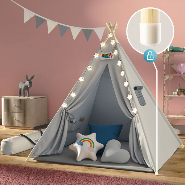 Cort tip teepee pentru copii JULIUS, 120x120x160cm, gri/albastru Spielwerk