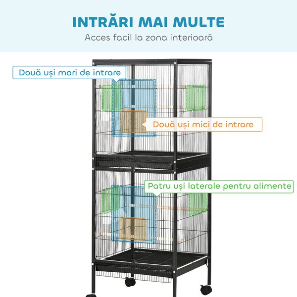 PawHut Colivie pentru Păsări cu 4 Roți Pivotante, Tăvi Detașabile și Recipiente din Plastic, 51.5x50x140 cm, Negru | Aosom Romania