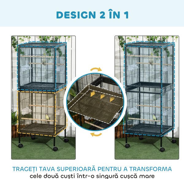 PawHut Colivie pentru Păsări cu 4 Roți Pivotante, Tăvi Detașabile și Recipiente din Plastic, 51.5x50x140 cm, Negru | Aosom Romania