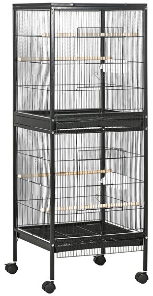 PawHut Colivie pentru Păsări cu 4 Roți Pivotante, Tăvi Detașabile și Recipiente din Plastic, 51.5x50x140 cm, Negru | Aosom Romania
