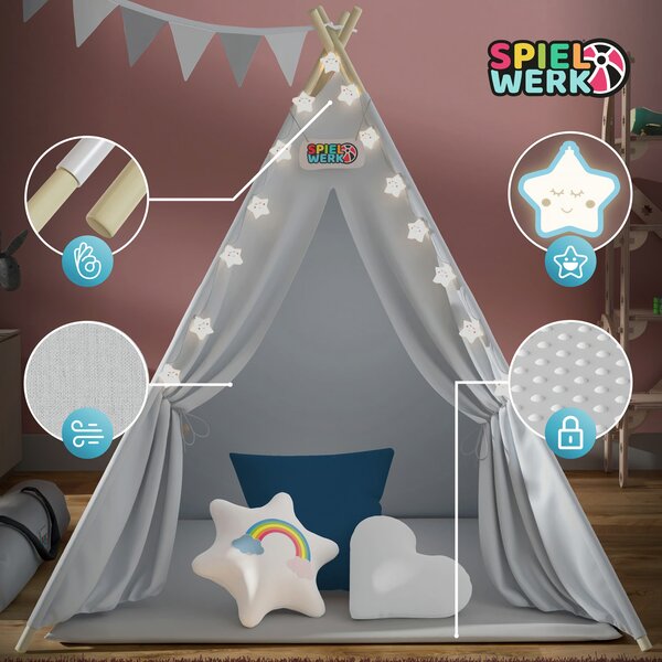 Cort tip teepee pentru copii JULIUS, 120x120x160cm, gri/albastru Spielwerk