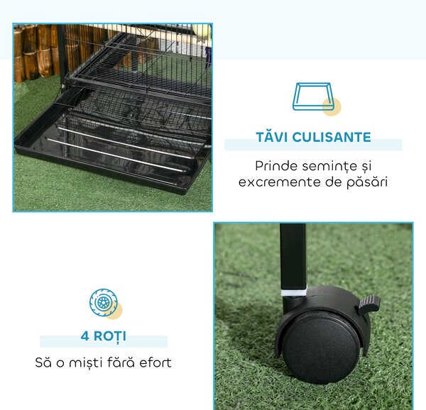 PawHut Colivie pentru Păsări cu 4 Roți Pivotante, Tăvi Detașabile și Recipiente din Plastic, 51.5x50x140 cm, Negru | Aosom Romania