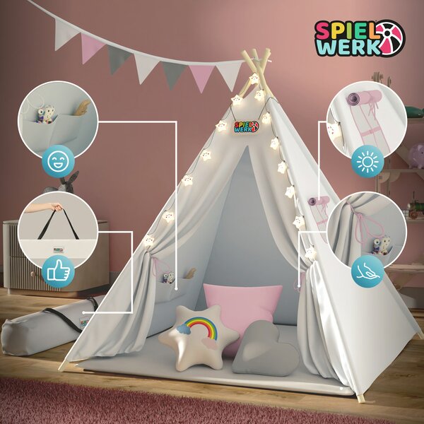 Cort tip teepee pentru copii JULIA, 160x120x120cm, bej/roz Spielwerk
