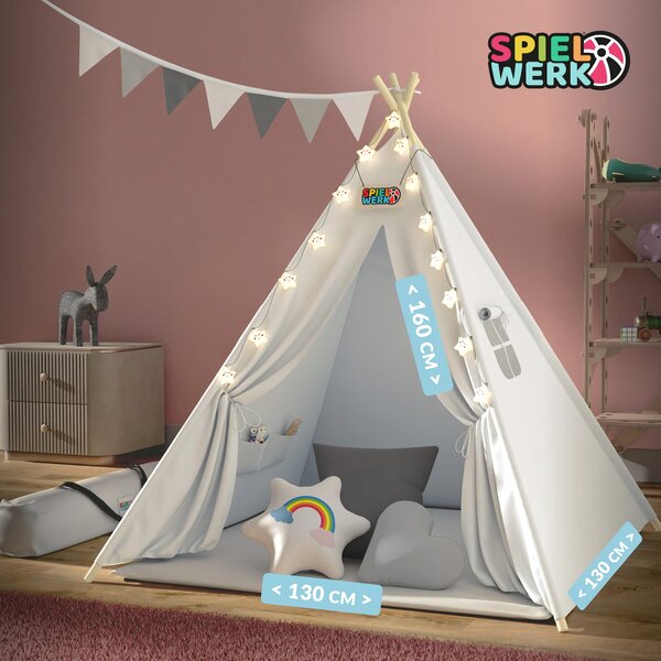 Cort tip teepee pentru copii JULIUS, 120x120x160cm, alb/gri Spielwerk