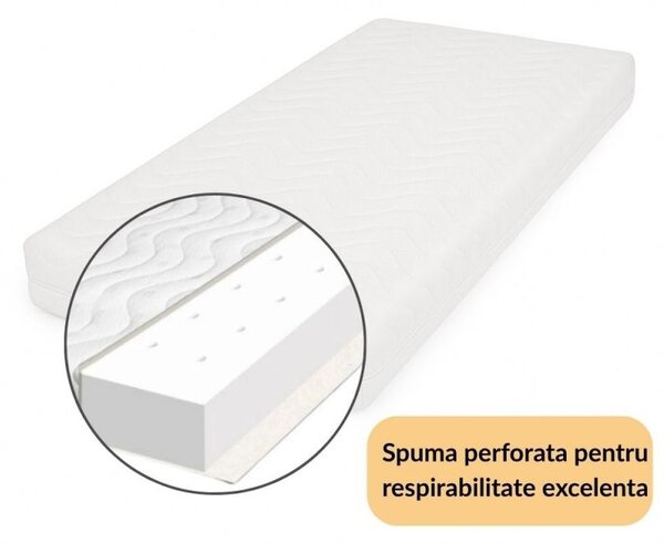 Patut din lemn masiv 120x60 cm Bria alb si saltea antialergica cu ventilatie Air 120x60x10 cm, reglabil pe 3 nivele, certificat EN71