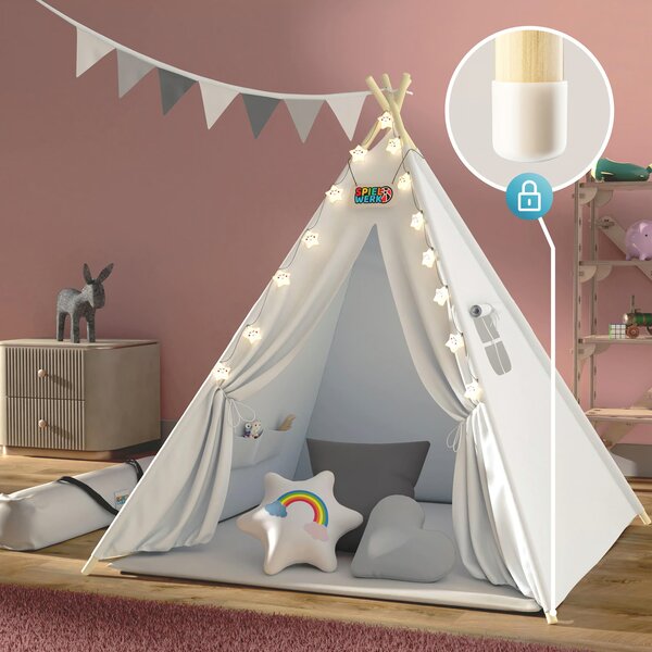 Cort tip teepee pentru copii JULIUS, 120x120x160cm, alb/gri Spielwerk
