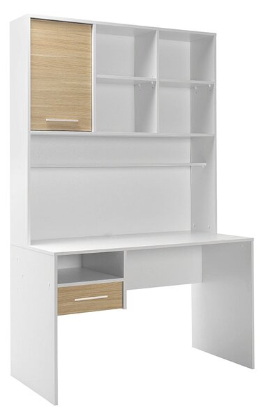 Birou Adore London cu biblioteca, Alb - Stejar, 120x196x60 cm
