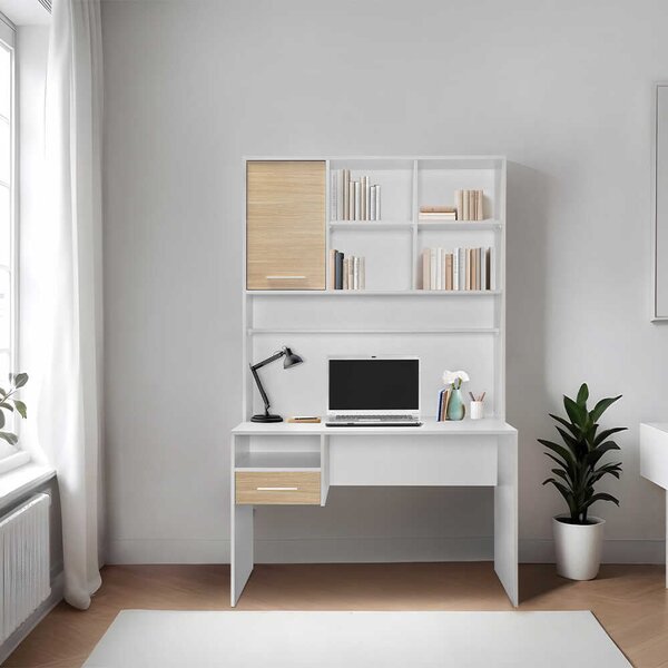 Birou Adore London cu biblioteca, Alb - Stejar, 120x196x60 cm