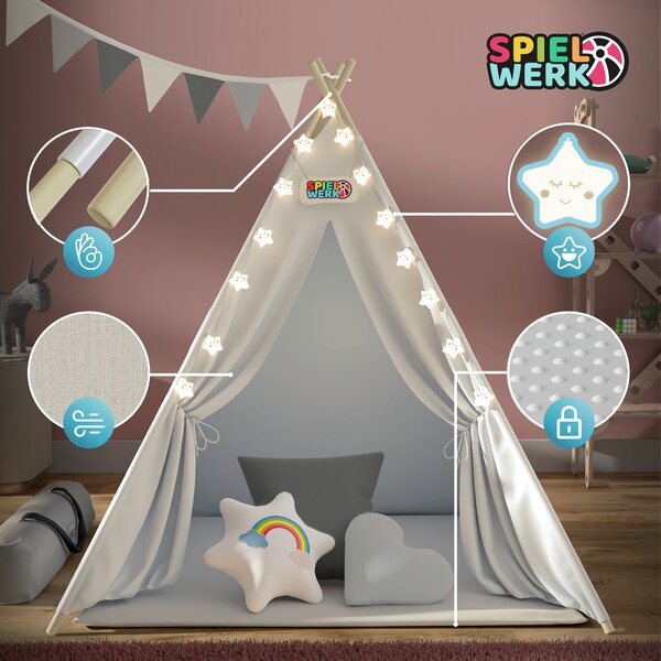 Cort tip teepee pentru copii JULIUS, 120x120x160cm, alb/gri Spielwerk
