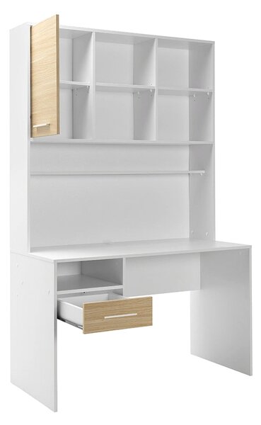 Birou Adore London cu biblioteca, Alb - Stejar, 120x196x60 cm