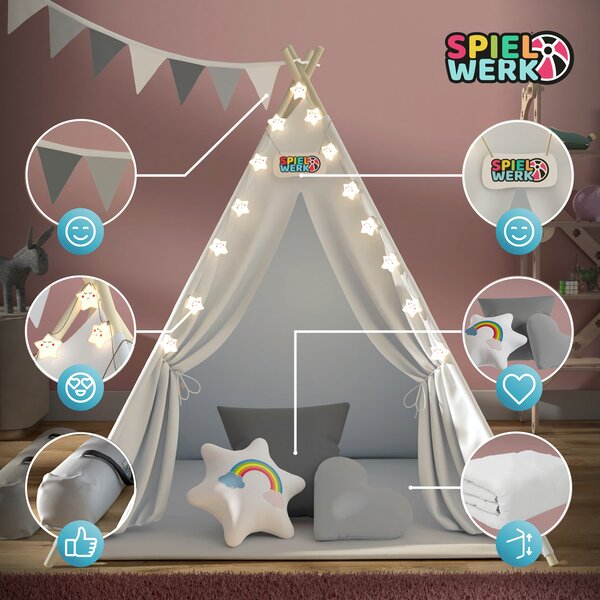 Cort tip teepee pentru copii JULIUS, 120x120x160cm, alb/gri Spielwerk