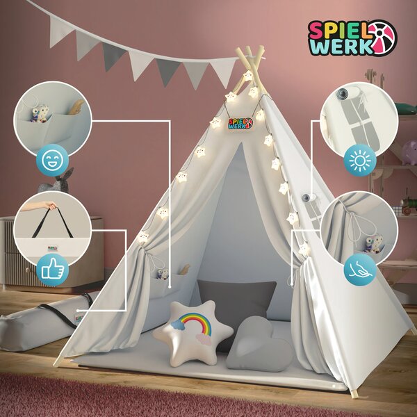 Cort tip teepee pentru copii JULIUS, 120x120x160cm, alb/gri Spielwerk