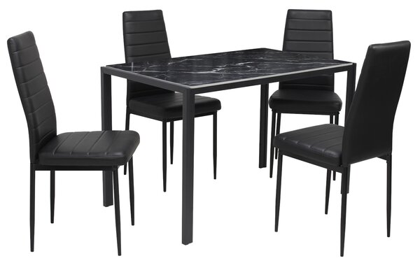 Set Masă fixă Marmyra Nova Dreptunghiulară Negru cu 4 scaune Piele Oscar Negru