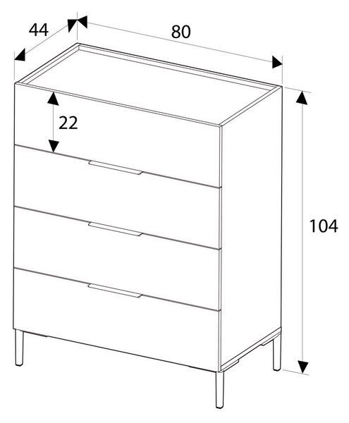 Comoda Adore Oryana, 4 sertare, Alb - Nuc - Stejar, 80x104x44 cm