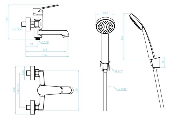 Kuchinox Atez, baterie pentru cada montată pe perete cu set de duș manual, crom, LAV-BTK_011D