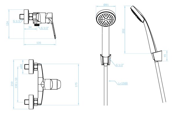Kuchinox Atez, baterie de duș de perete cu set de duș manual, crom, LAV-BTK_041D