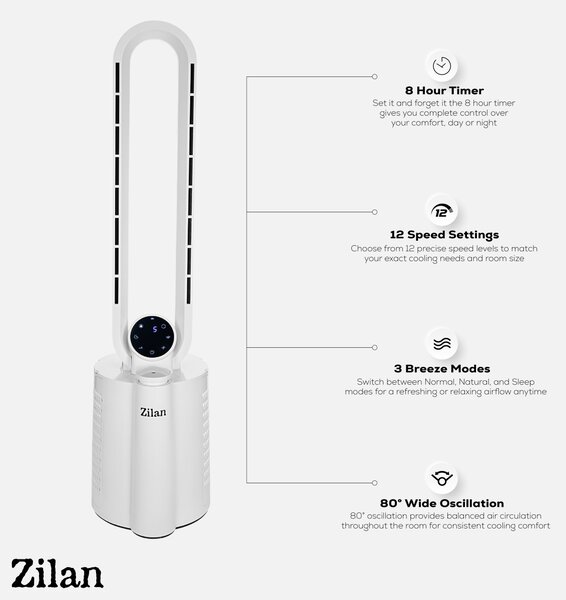 Ventilator turn fara palete ZILAN ZLN1117 - 40W, umidificare, ionizare, telecomanda