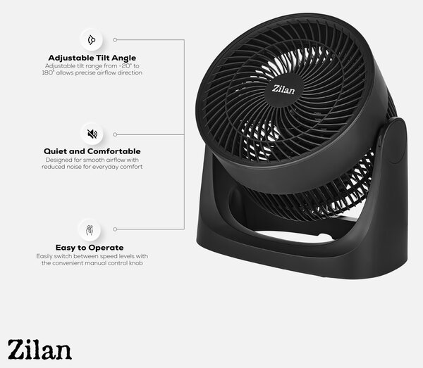 Ventilator de masa ZILAN ZLN7095 - 35W, 3 trepte, silentios, negru