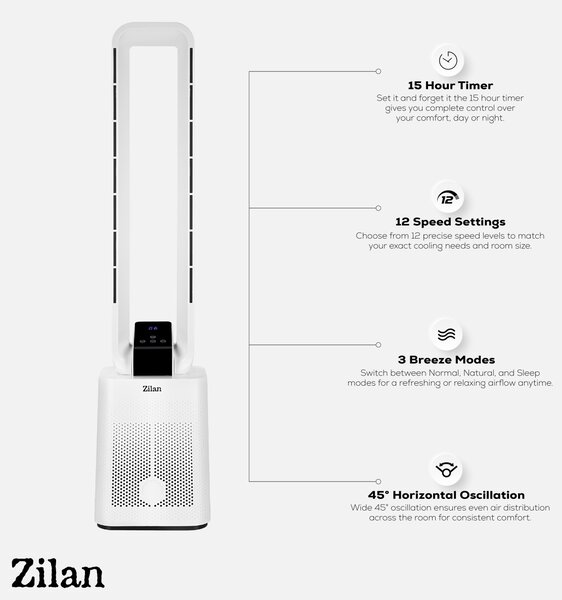 Ventilator turn fara palete ZILAN ZLN1085 - 50W BLDC, 12 viteze, timer 15h, telecomanda