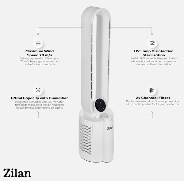 Ventilator turn fara palete ZILAN ZLN1117 - 40W, umidificare, ionizare, telecomanda