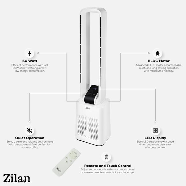 Ventilator turn fara palete ZILAN ZLN1085 - 50W BLDC, 12 viteze, timer 15h, telecomanda