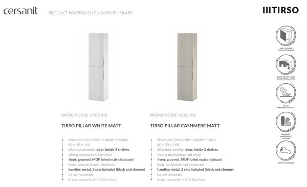 Cersanit Tirso, dulap înalt suspendat 400x302x1600 mm, alb mat, S1015-010