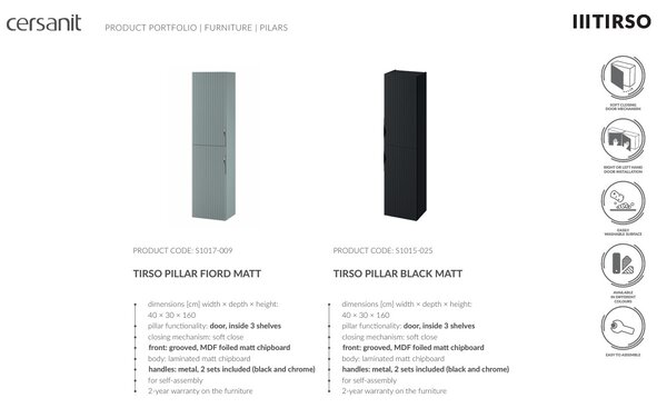 Cersanit Tirso, dulap înalt suspendat 400x302x1600 mm, negru mat, S1017-009