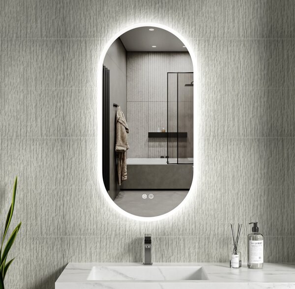 Erga Demi, oglindă ovală LED 50x100cm, 3 culori de lumină, iluminare frontală, pernă încălzitoare anti-aburire, ERG-V01-DEMI-5010-CL