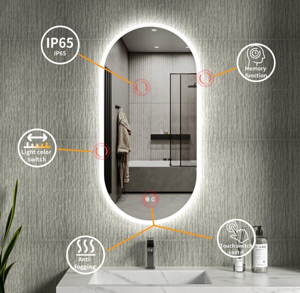 Erga Demi, oglindă ovală LED 50x100cm, 3 culori de lumină, iluminare frontală, pernă încălzitoare anti-aburire, ERG-V01-DEMI-5010-CL