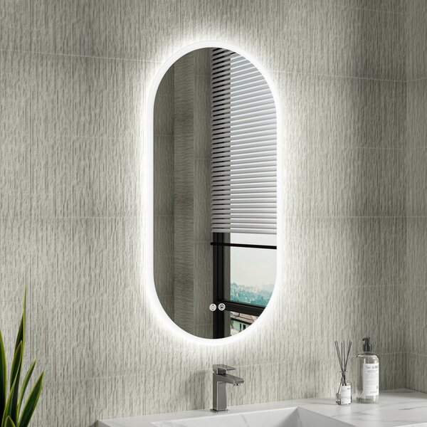 Erga Demi, oglindă ovală LED 50x100cm, 3 culori de lumină, iluminare frontală, pernă încălzitoare anti-aburire, ERG-V01-DEMI-5010-CL
