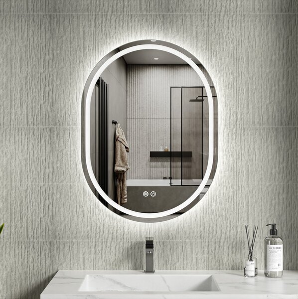 Erga Lyra, oglindă ovală LED 60x80cm, 3 culori de lumină, iluminare față și spate, pernă încălzitoare anti-aburire, ERG-V01-LYRA-6080-CL