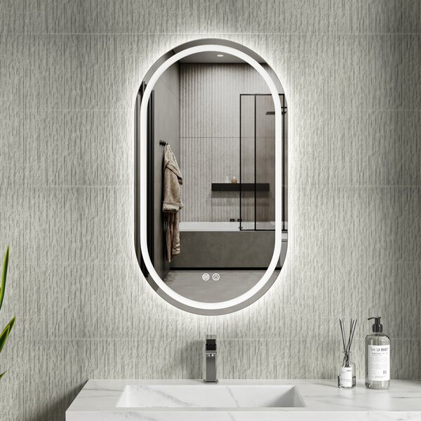 Erga Lyra, oglindă ovală LED 50x90cm, 3 culori de lumină, iluminare față și spate, pernă încălzitoare anti-aburire, ERG-V01-LYRA-5090-CL