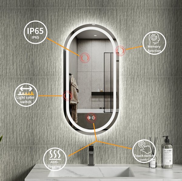 Erga Lyra, oglindă ovală LED 40x80cm, 3 culori de lumină, iluminare față și spate, pernă încălzitoare anti-aburire, ERG-V01-LYRA-4080-CL