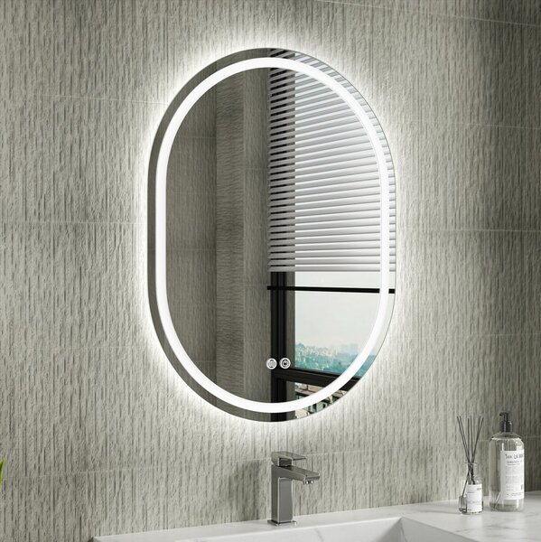 Erga Lyra, oglindă ovală LED 60x80cm, 3 culori de lumină, iluminare față și spate, pernă încălzitoare anti-aburire, ERG-V01-LYRA-6080-CL