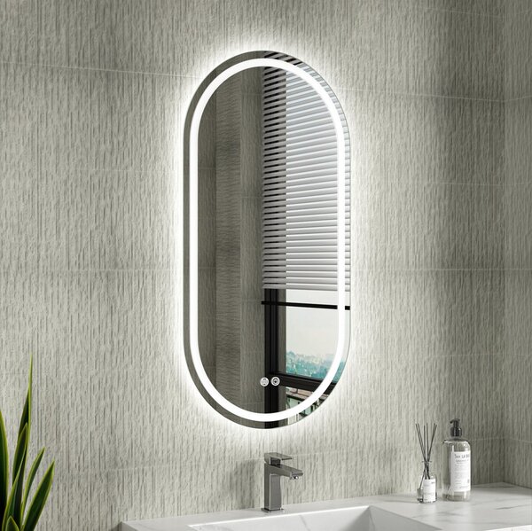 Erga Lyra, oglindă ovală LED 50x100cm, 3 culori de lumină, iluminare față și spate, pernă încălzitoare anti-aburire, ERG-V01-LYRA-5010-CL