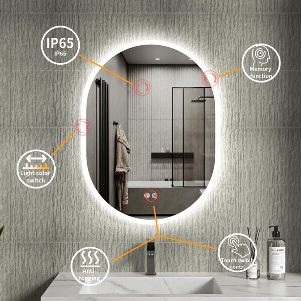 Erga Demi, oglindă ovală LED 60x80cm, 3 culori de lumină, iluminare frontală, pernă încălzitoare anti-aburire, ERG-V01-DEMI-6080-CL