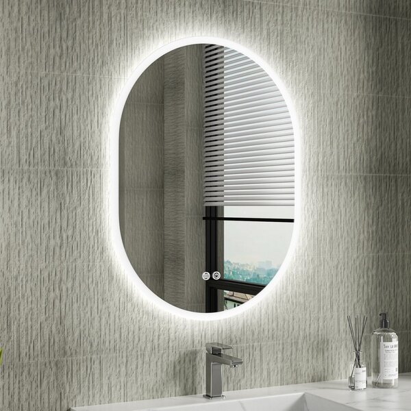 Erga Demi, oglindă ovală LED 60x80cm, 3 culori de lumină, iluminare frontală, pernă încălzitoare anti-aburire, ERG-V01-DEMI-6080-CL