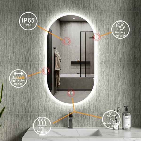 Erga Demi, oglindă ovală LED 50x90cm, 3 culori de lumină, iluminare frontală, pernă încălzitoare anti-aburire, ERG-V01-DEMI-5090-CL