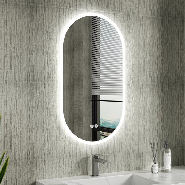 Erga Demi, oglindă ovală LED 50x90cm, 3 culori de lumină, iluminare frontală, pernă încălzitoare anti-aburire, ERG-V01-DEMI-5090-CL