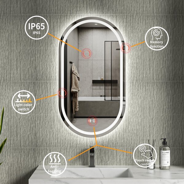 Erga Lyra, oglindă ovală LED 50x90cm, 3 culori de lumină, iluminare față și spate, pernă încălzitoare anti-aburire, ERG-V01-LYRA-5090-CL