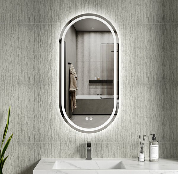 Erga Lyra, oglindă ovală LED 50x100cm, 3 culori de lumină, iluminare față și spate, pernă încălzitoare anti-aburire, ERG-V01-LYRA-5010-CL