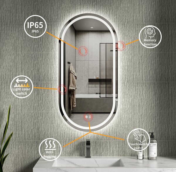 Erga Lyra, oglindă ovală LED 50x100cm, 3 culori de lumină, iluminare față și spate, pernă încălzitoare anti-aburire, ERG-V01-LYRA-5010-CL