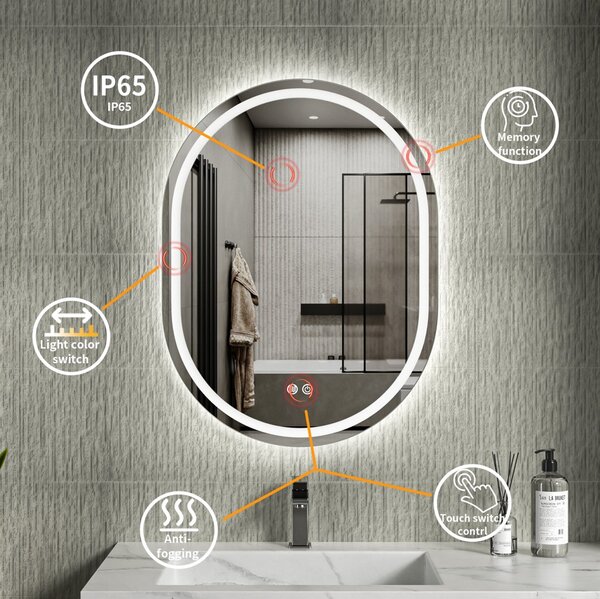 Erga Lyra, oglindă ovală LED 60x80cm, 3 culori de lumină, iluminare față și spate, pernă încălzitoare anti-aburire, ERG-V01-LYRA-6080-CL