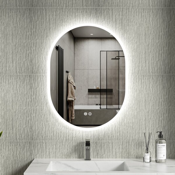 Erga Demi, oglindă ovală LED 60x80cm, 3 culori de lumină, iluminare frontală, pernă încălzitoare anti-aburire, ERG-V01-DEMI-6080-CL