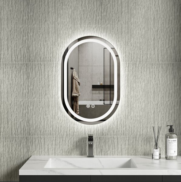 Erga Lyra, oglindă ovală LED 40x60cm, 3 culori de lumină, iluminare față și spate, pernă încălzitoare anti-aburire, ERG-V01-LYRA-4060-CL