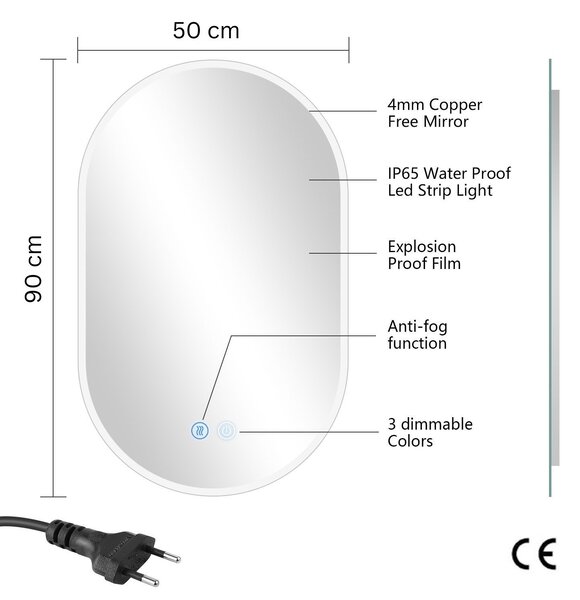 Erga Demi, oglindă ovală LED 50x90cm, 3 culori de lumină, iluminare frontală, pernă încălzitoare anti-aburire, ERG-V01-DEMI-5090-CL