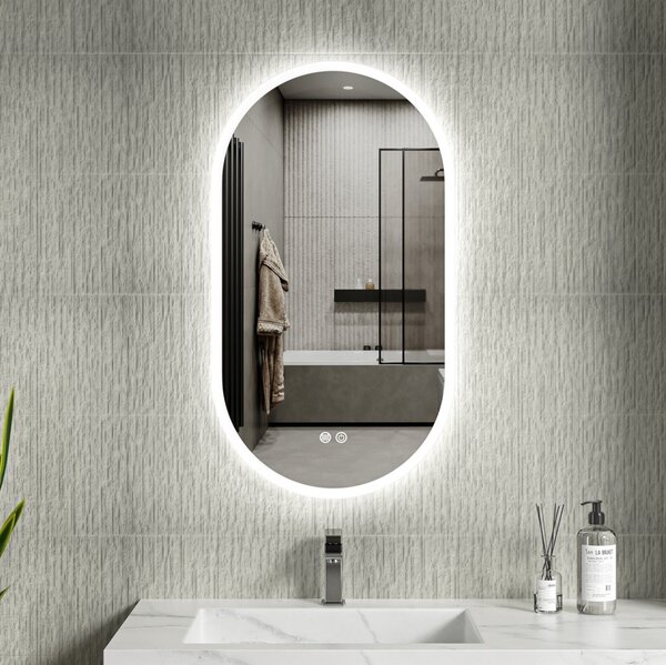 Erga Demi, oglindă ovală LED 50x90cm, 3 culori de lumină, iluminare frontală, pernă încălzitoare anti-aburire, ERG-V01-DEMI-5090-CL