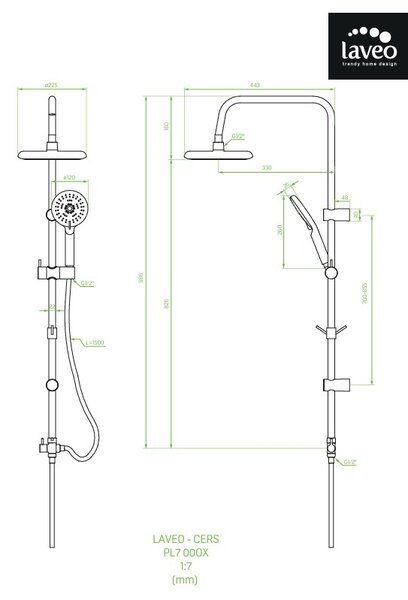 Laveo Cers, coloană de duș cu duș manual și cap de duș, cromat, LAV-PL7_00OX