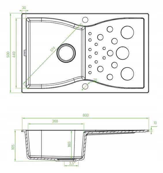 Laveo Molokin, chiuvetă din granit cu 1 compartiment 800x500x180 mm cu scurgător lung, bej, LAV-SPO_411T